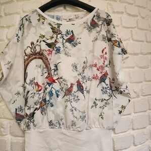 Ted Baker White Multicolor Bird Print Blouse Sz 1